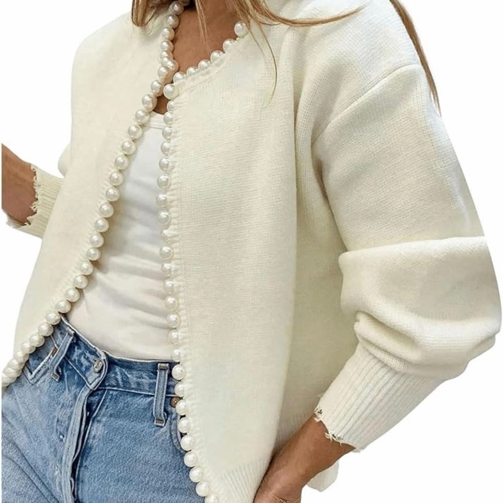Amazon Cream Pearl-Trim Knit Cardigan